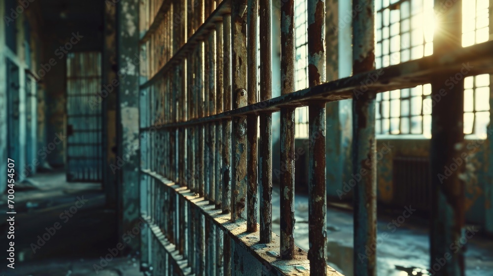 Poster an image of an old jail cell block with bars. this picture can be used to depict the interior of a p