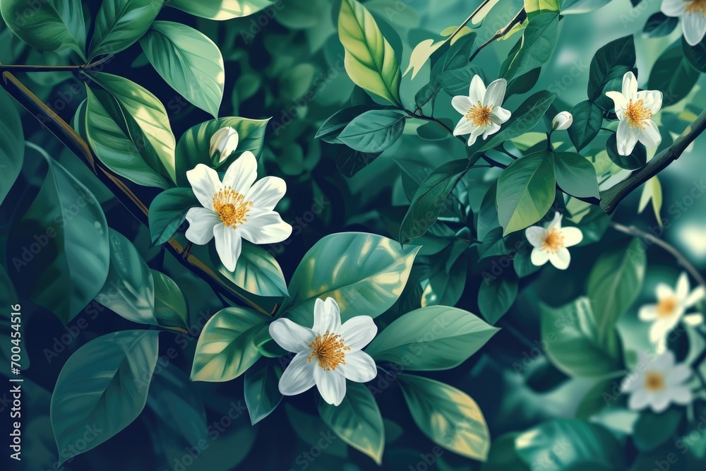 Poster a beautiful bunch of white flowers with vibrant green leaves. perfect for adding a touch of elegance