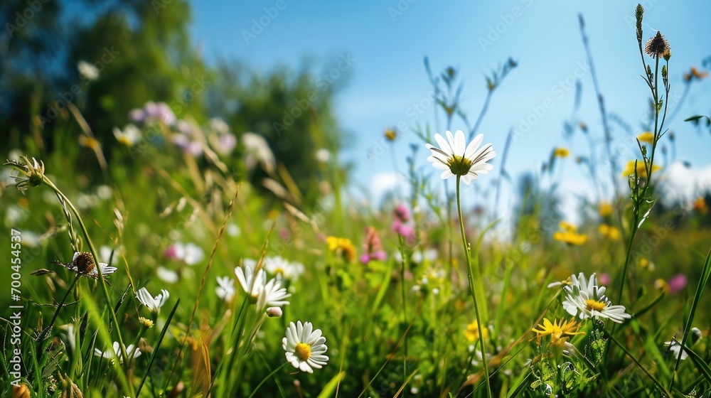 Poster a beautiful field of wildflowers with a vibrant blue sky in the background. perfect for nature enthu