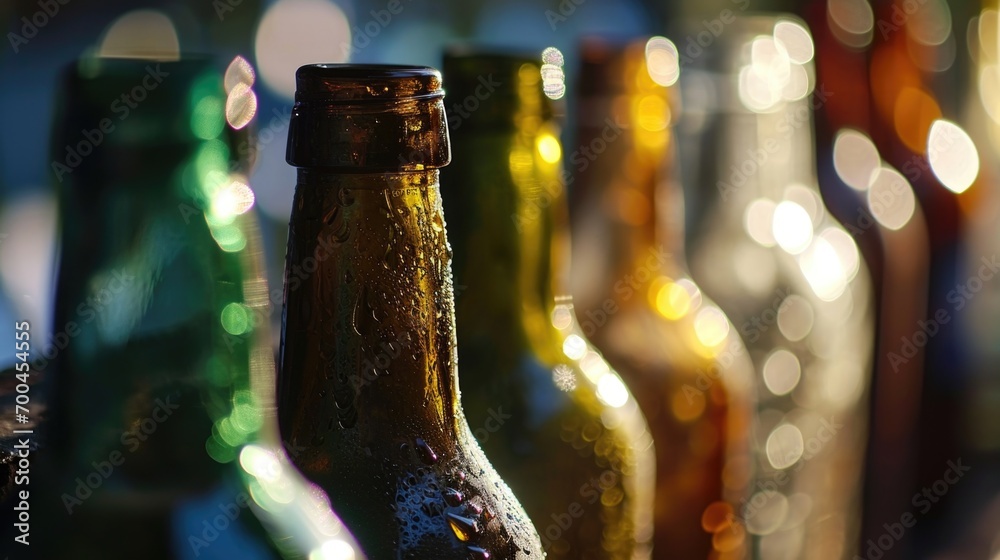 Poster a row of empty beer bottles sitting on top of a table. perfect for illustrating a party or social ga