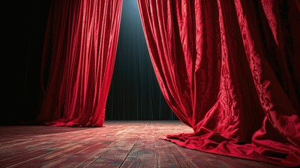 A stage with red curtains and a spotlight. Perfect for theater performances or presentations