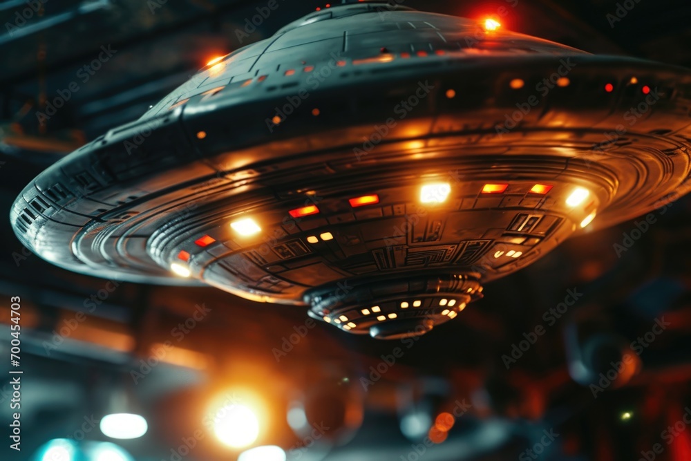 Poster Close up view of a spaceship inside a building. Perfect for science fiction enthusiasts or futuristic-themed projects