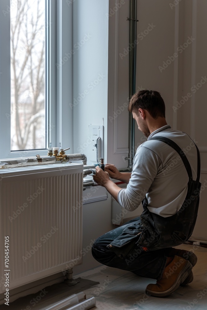 Poster A man is pictured fixing a radiator in front of a window. This image can be used to depict home maintenance or repair