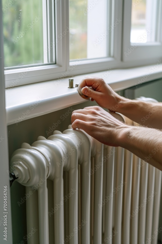 Poster A person is adjusting a radiator on a window sill. This image can be used to illustrate home maintenance or heating and cooling concepts