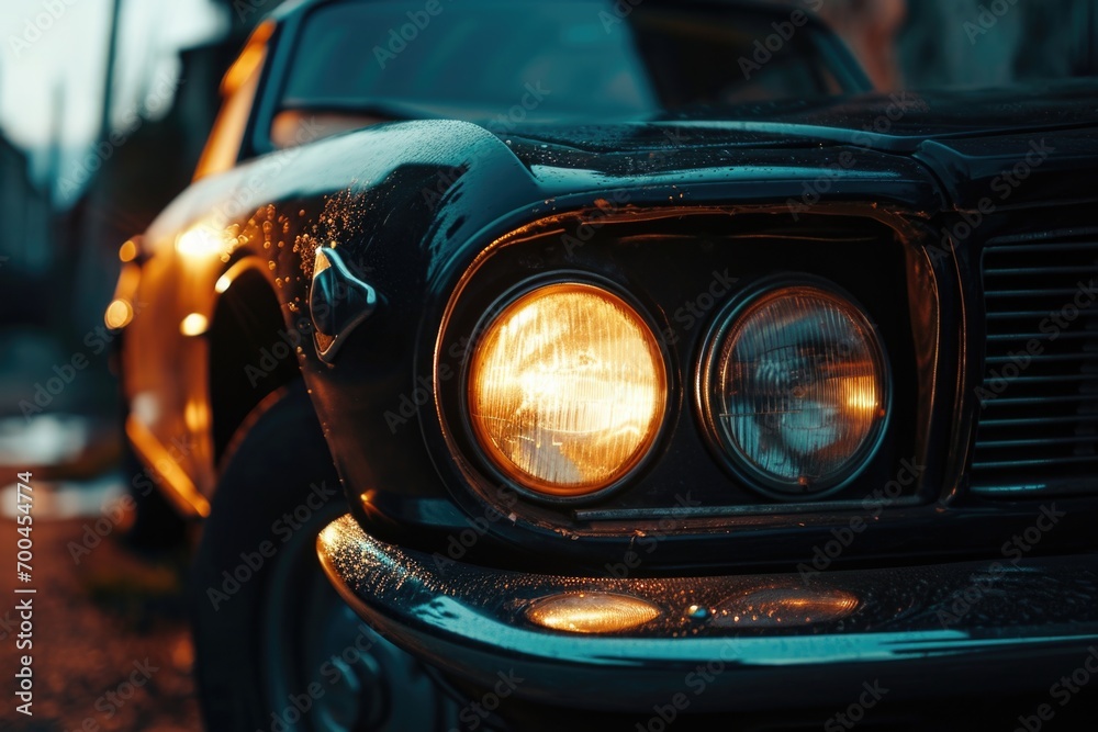 Poster close up view of the headlights of a car. ideal for automotive industry-related projects