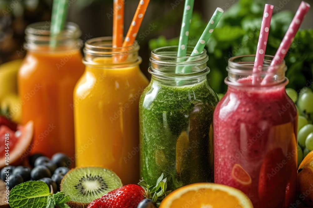 Poster a collection of colorful and healthy fruit and vegetable smoothies stored in mason jars. perfect for