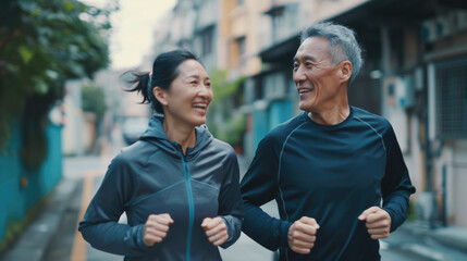 A man and a woman running together down a street. Suitable for fitness and active lifestyle themes