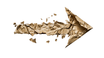 right directional arrow made of torn paper pieces, on transparent background