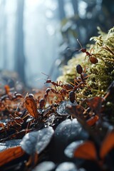 A colony of fire ants in the woods transporting leaves standing in the fog. Generative AI.