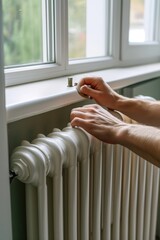 A person is adjusting a radiator on a window sill. This image can be used to illustrate home maintenance or heating and cooling concepts
