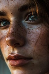 Close up of a woman with freckles on her face. Versatile image suitable for beauty, skincare, or natural look concepts