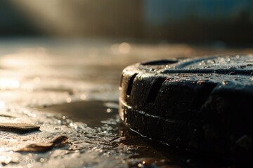 A close up view of a tire on a wet surface. This image can be used to depict rainy weather conditions or to illustrate the concept of driving in wet road conditions