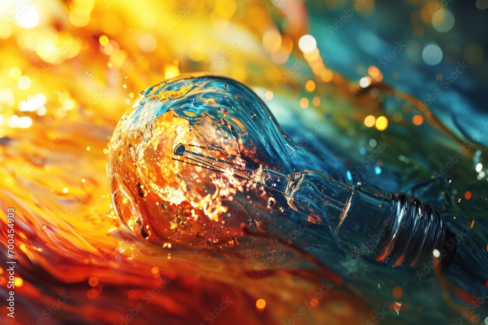 Poster A close up view of a light bulb submerged in water. This image can be used to illustrate concepts such as creativity, innovation, and the power of ideas