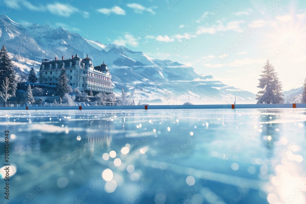 Poster A snow-covered slope with a large building sitting on top. Perfect for winter-themed designs and architecture concepts
