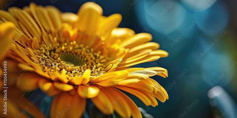 Poster A detailed view of a vibrant yellow flower in a vase. This image can be used to add a pop of color and freshness to any project