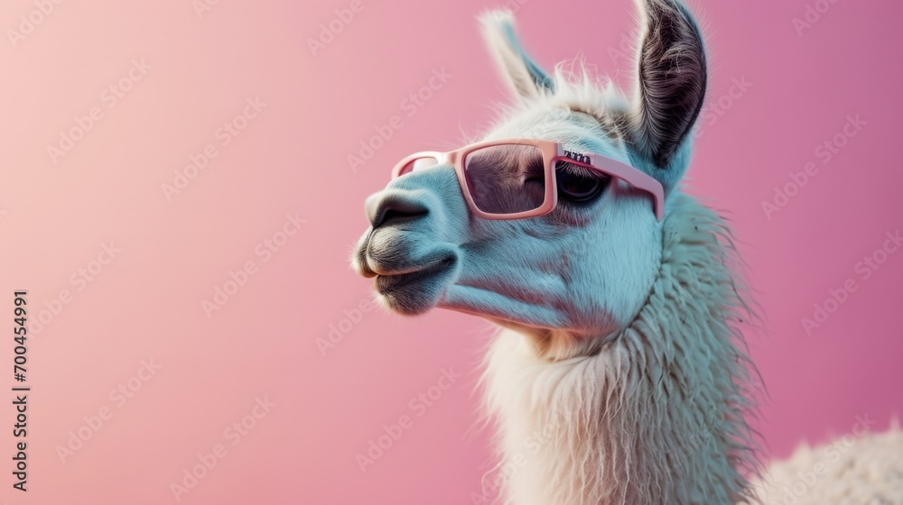 Poster a llama wearing sunglasses stands against a vibrant pink background. perfect for adding a playful to