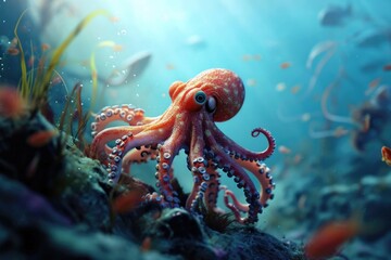 An octopus in the ocean surrounded by fish. Can be used to illustrate marine life and underwater ecosystems