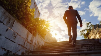 A man in a suit walking up a flight of stairs. Suitable for business, success, and career concepts