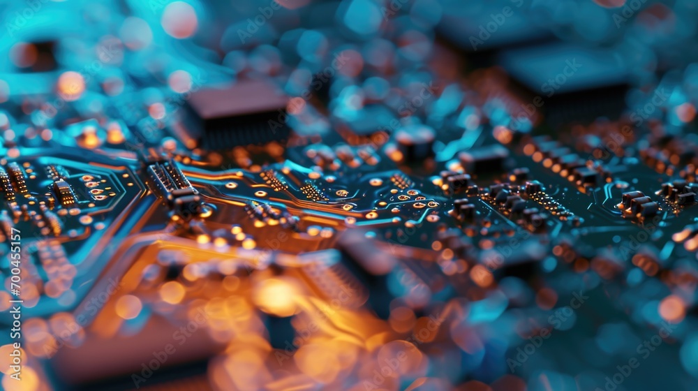 Poster A detailed close-up view of a computer motherboard. This image can be used to illustrate technology, electronics, or computer hardware concepts