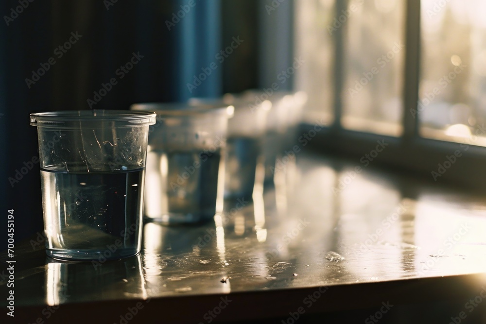 Poster a close-up shot of a glass of water placed on a table. suitable for various uses
