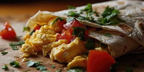 A delicious burrito with eggs and tomatoes on a cutting board. Perfect for breakfast or brunch - obrazy, fototapety, plakaty