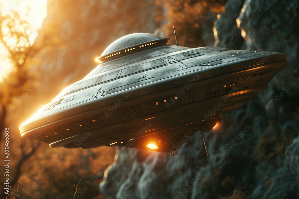 Poster An image of a massive alien spaceship soaring through the sky. Perfect for science fiction projects or futuristic designs