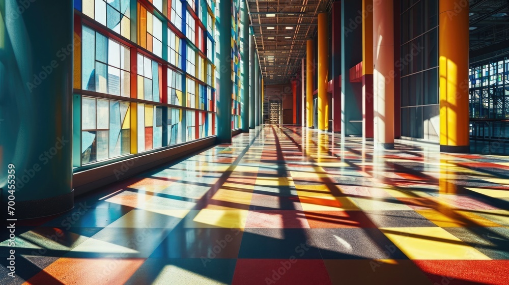 Poster A vibrant and well-lit hallway with an abundance of windows. Ideal for showcasing architectural design or creating a lively atmosphere in any project