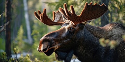 A close-up view of a moose with impressive antlers. This image can be used to depict wildlife, nature, or the beauty of the animal kingdom