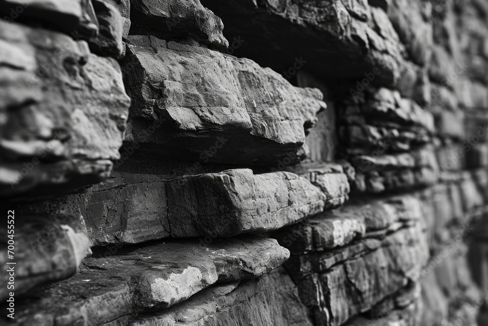 Poster A black and white photo capturing the texture and details of a stone wall. This image can be used to add a rustic or vintage touch to various design projects