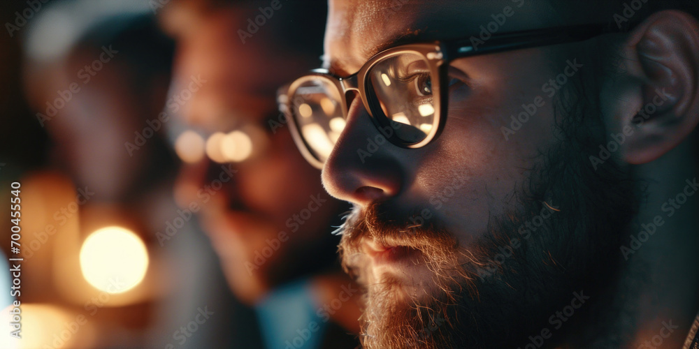 Poster close-up photo of a person wearing glasses. versatile image suitable for various uses