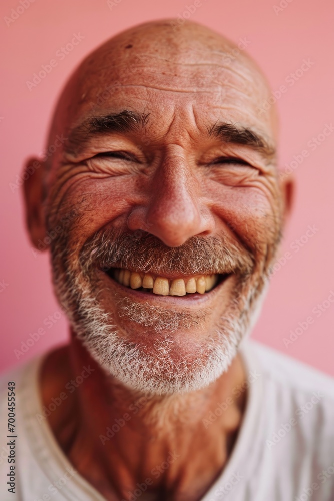 Poster an older man with a white beard smiles at the camera. suitable for various purposes
