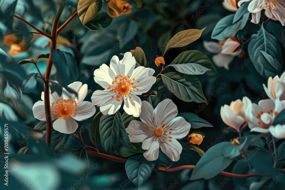 Poster a bunch of white flowers with vibrant green leaves. ideal for adding a touch of elegance and freshne