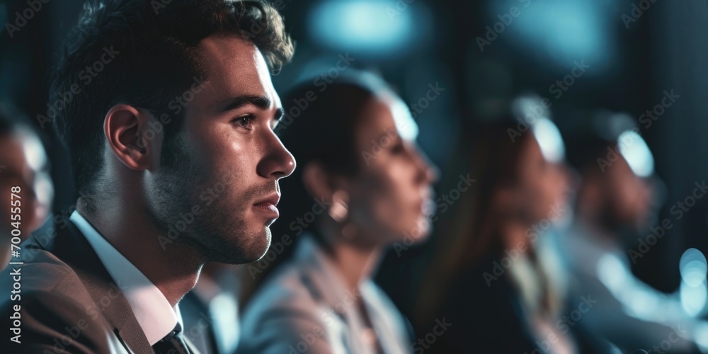 Poster a man in a suit sitting in front of a group of people. suitable for business and corporate presentat
