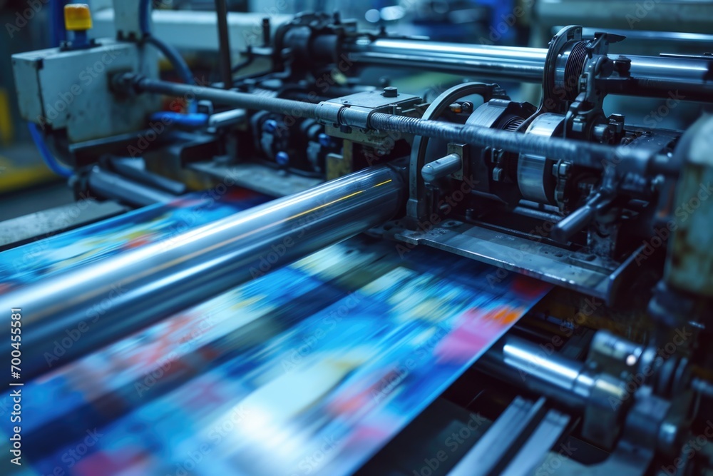 Poster A machine is printing a picture on a paper. This image can be used to showcase modern printing technology and the process of creating printed materials