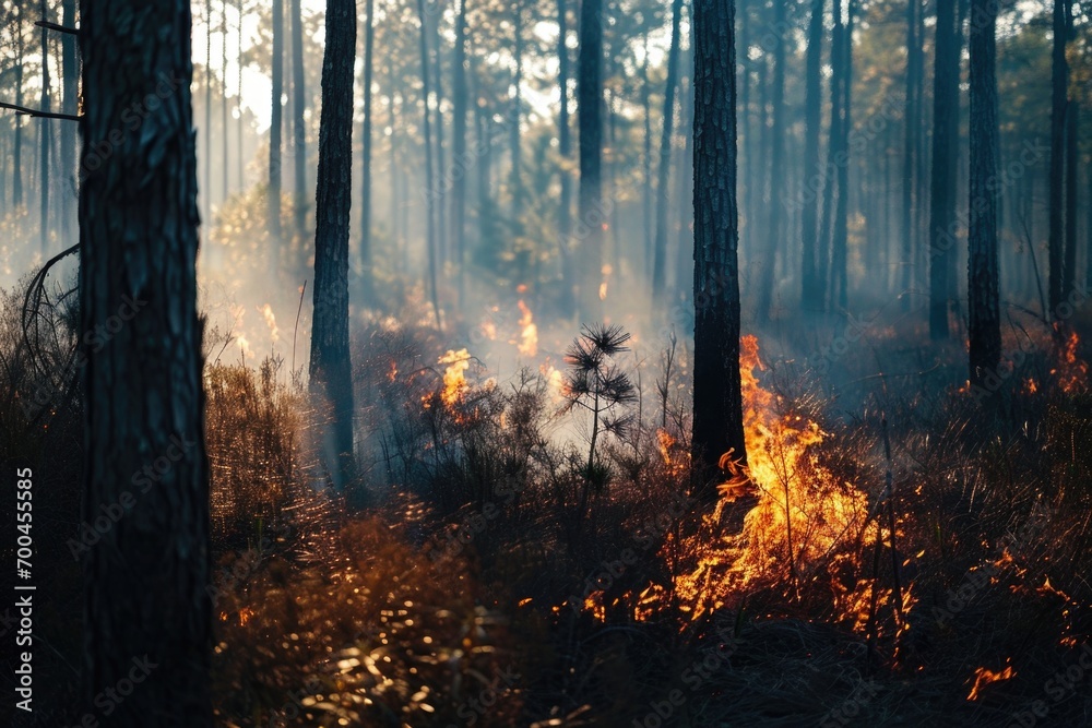 Poster a fire blazing in the middle of a forest. suitable for environmental and disaster-related themes