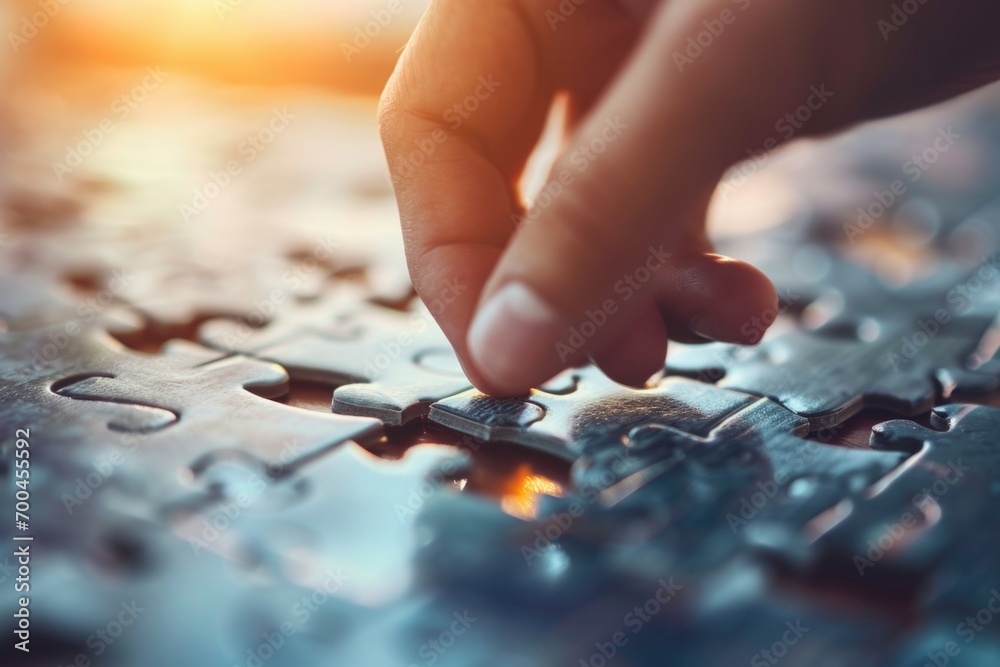 Aufkleber A close-up view of a person carefully placing a piece of a puzzle. This versatile image can be used to depict problem-solving, teamwork, or the completion of a project