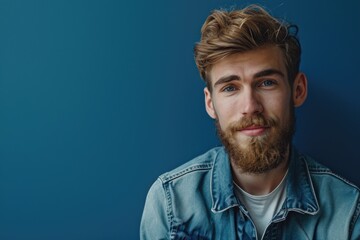 Obraz premium A man with a beard wearing a denim jacket. Perfect for fashion and lifestyle projects