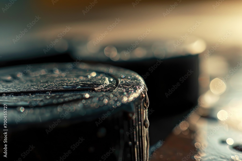 Poster a detailed view of a metal object covered in glistening water droplets. this image can be used to de