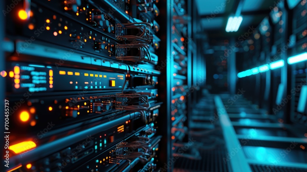 Aufkleber A picture of a server room with a row of servers. This image can be used to depict technology, data storage, network infrastructure, or the concept of cloud computing