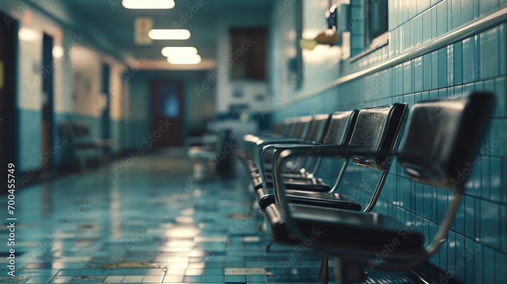 Poster a row of empty chairs in a hospital hallway. suitable for healthcare and medical concepts