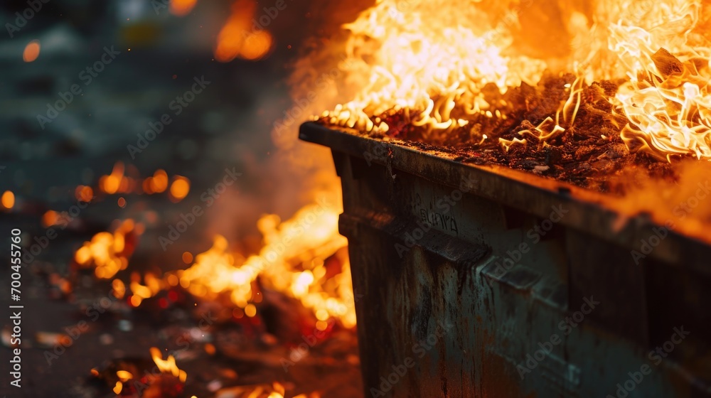 Poster a fire burning in a dumpster next to a pile of trash. this image can be used to depict danger, destr