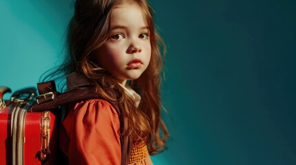 Naklejka premium A little girl is pictured with a red suitcase against a blue background. This image can be used to depict travel, childhood, adventure, or vacation themes