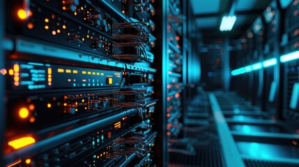 A picture of a server room with a row of servers. This image can be used to depict technology, data storage, network infrastructure, or the concept of cloud computing - obrazy, fototapety, plakaty
