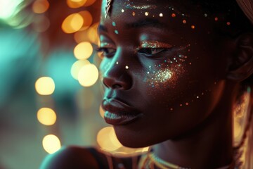 A close up view of a woman with glitter on her face. Perfect for makeup tutorials or festival-themed designs - obrazy, fototapety, plakaty
