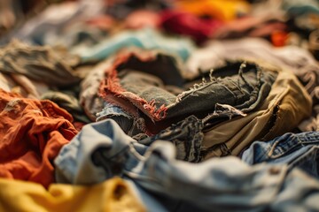 A pile of clothes sitting on top of a bed. Can be used to depict a messy room or laundry day