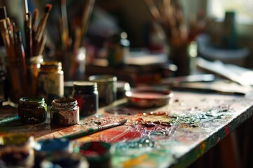 Paint brushes and various colors of paint on a wooden table. Ideal for artistic projects and creative endeavors