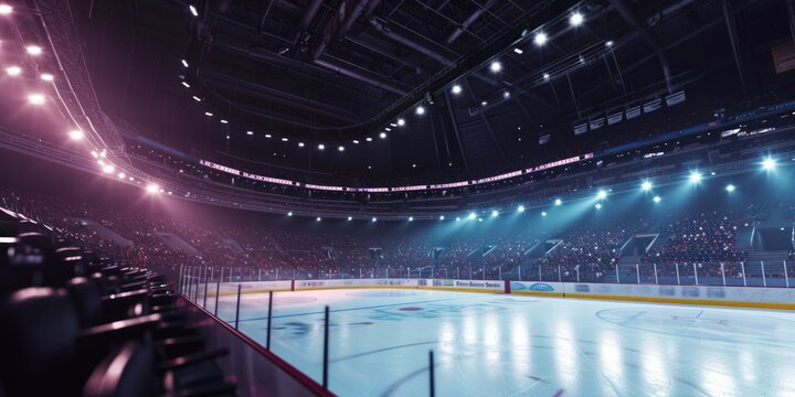 A picture of a hockey stadium with a large ice rink. This image can be used to showcase hockey matches or sports events held in a stadium.