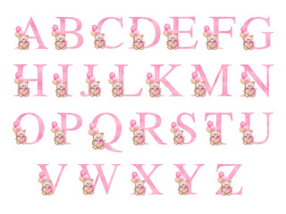 Pink alphabet with watercolor teddy bear