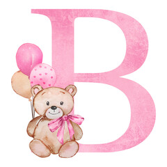 Pink letter B with watercolor teddy bear