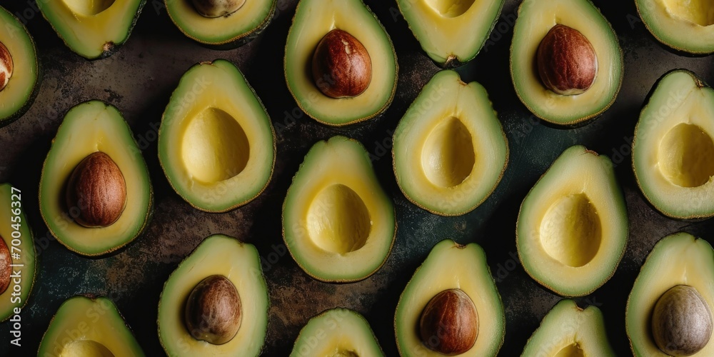 Poster A group of sliced avocados placed on top of a table. This image can be used to showcase fresh produce or as a healthy food concept